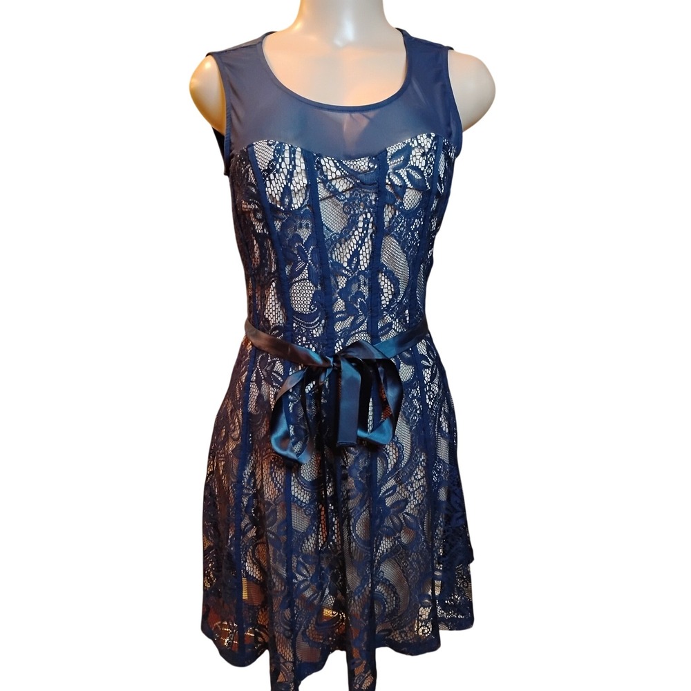 Candalite Navy Blue Lace Mesh Fit and Flare Cocktail Dress Small RN 142687